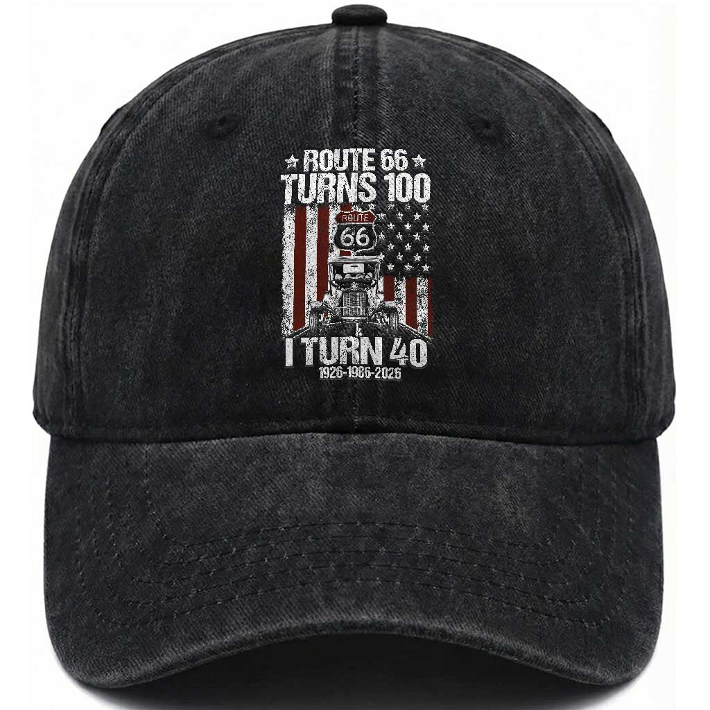 Route Highway 66 Turns 100 I Turn 40 Washed Cotton Baseball Cap Vintage 1986 America Road Sign America Antique Car Lover 40th Birthday Gift