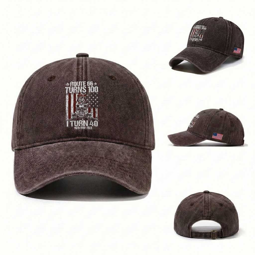 Route Highway 66 Turns 100 I Turn 40 Washed Cotton Baseball Cap Vintage 1986 America Road Sign America Antique Car Lover 40th Birthday Gift