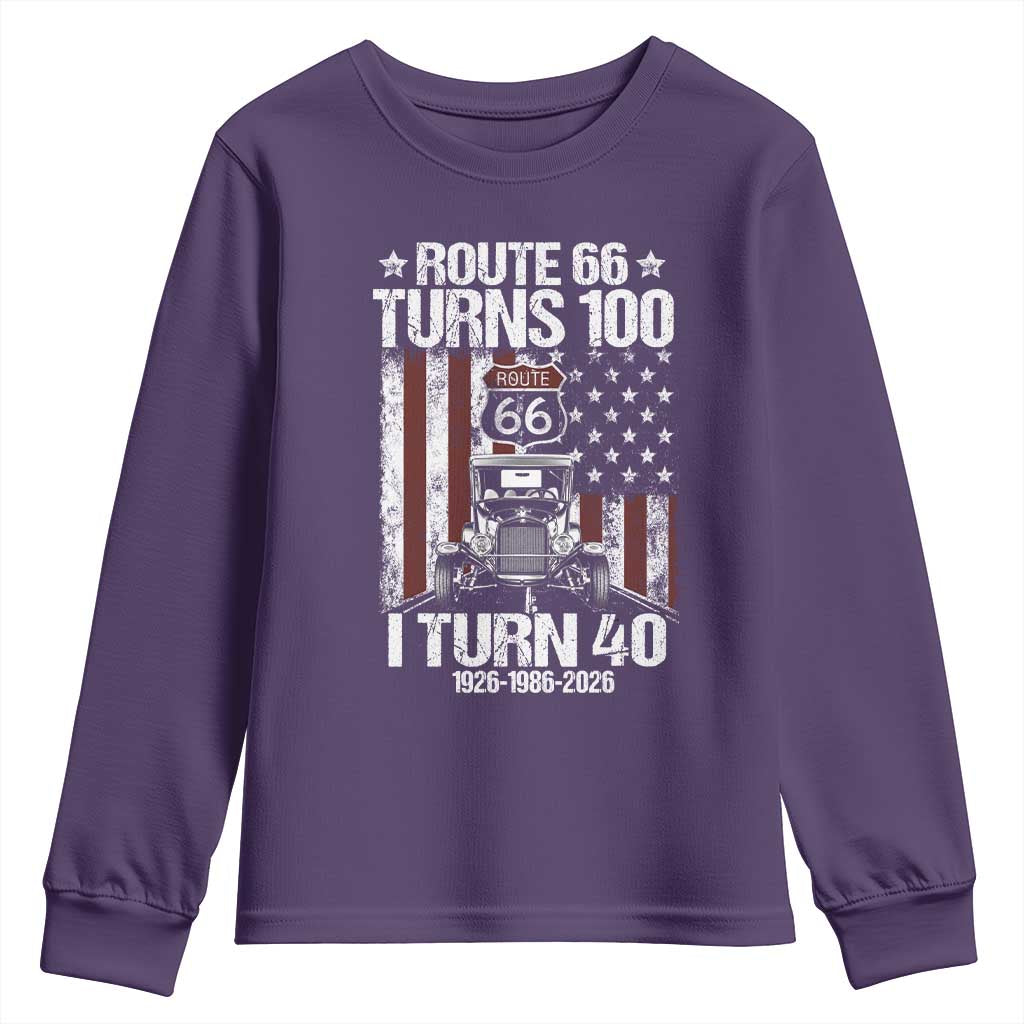 Route Highway 66 Turns 100 I Turn 40 Youth Sweatshirt Vintage 1986 America Road Sign America Antique Car Lover 40th Birthday Gift