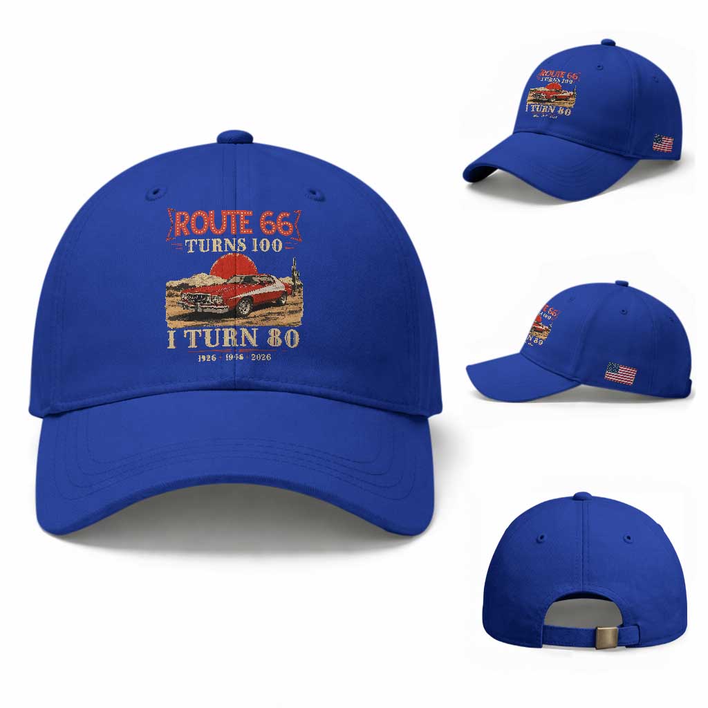 Route Highway 66 Turns 100 I Turn 80 Baseball Cap Vintage 1946 Road Sign 80th Birthday Muscle Car Lover Gift