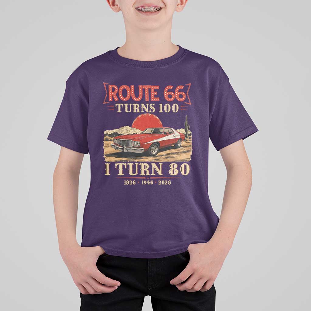 Route Highway 66 Turns 100 I Turn 80 T Shirt For Kid Vintage 1946 Road Sign 80th Birthday Muscle Car Lover Gift