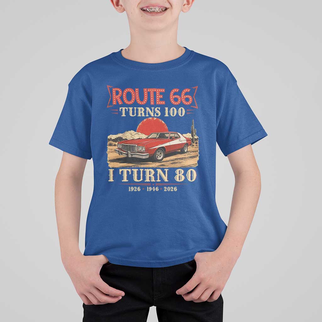 Route Highway 66 Turns 100 I Turn 80 T Shirt For Kid Vintage 1946 Road Sign 80th Birthday Muscle Car Lover Gift