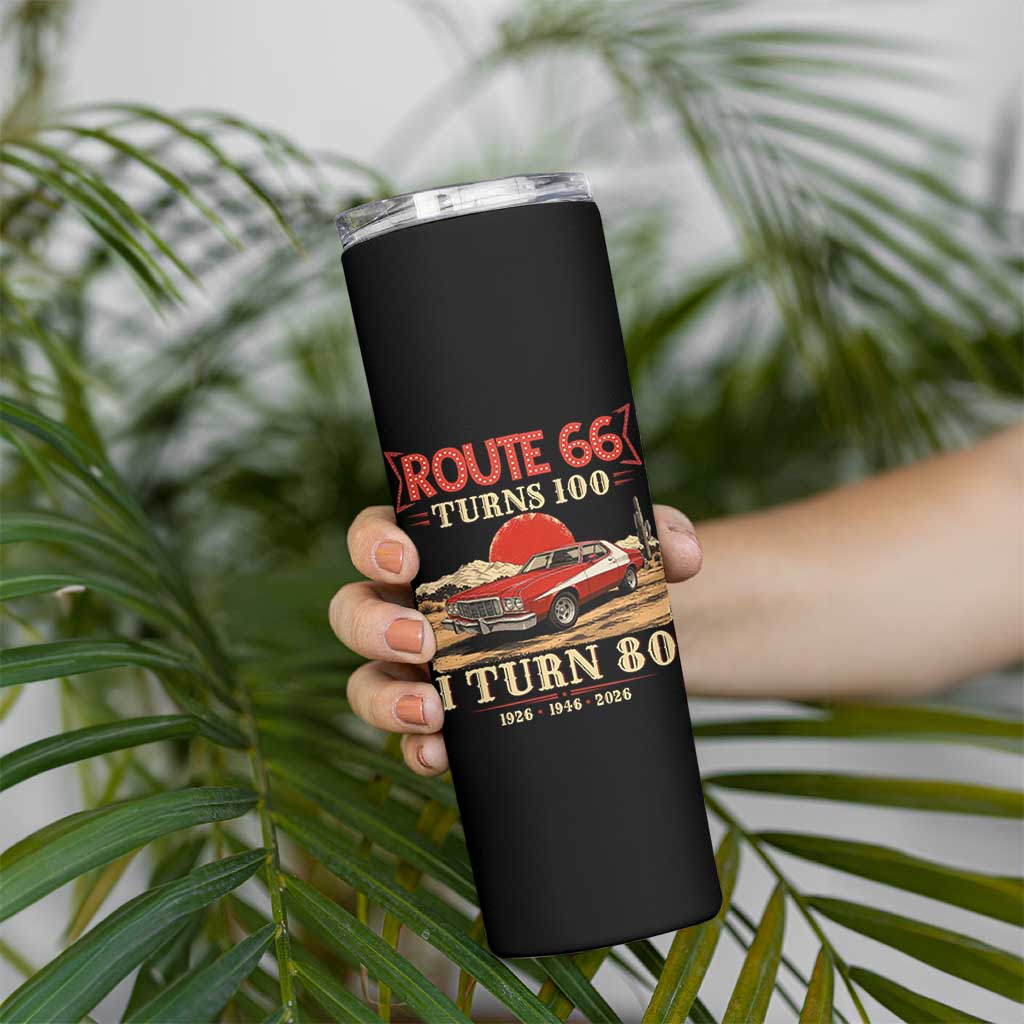 Route Highway 66 Turns 100 I Turn 80 Skinny Tumbler Vintage 1946 Road Sign 80th Birthday Muscle Car Lover Gift