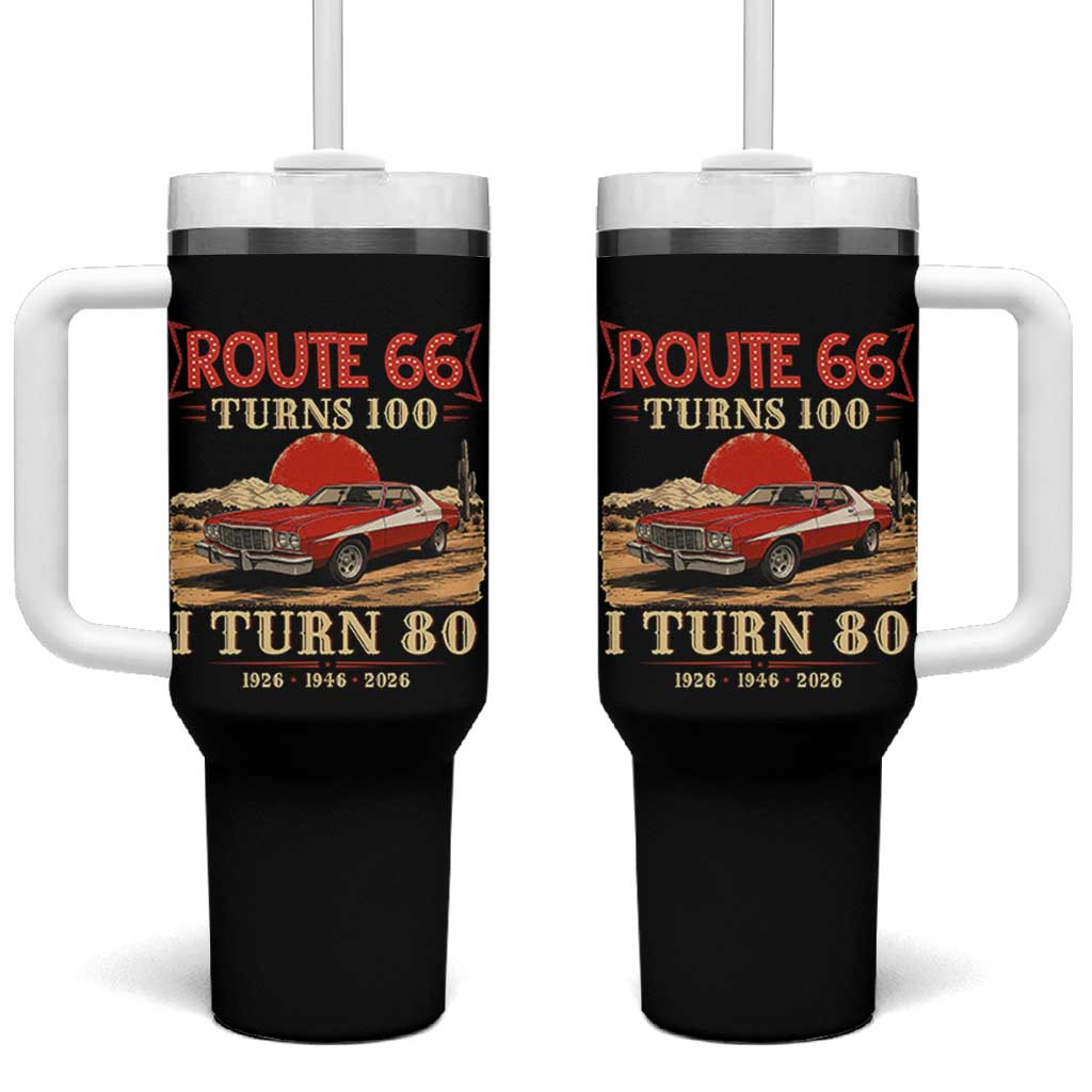 Route Highway 66 Turns 100 I Turn 80 Tumbler With Handle Vintage 1946 Road Sign 80th Birthday Muscle Car Lover Gift