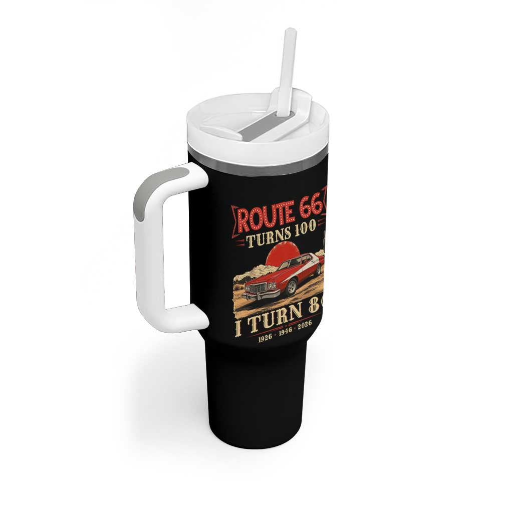 Route Highway 66 Turns 100 I Turn 80 Tumbler With Handle Vintage 1946 Road Sign 80th Birthday Muscle Car Lover Gift
