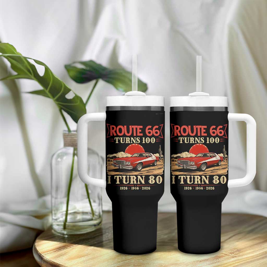 Route Highway 66 Turns 100 I Turn 80 Tumbler With Handle Vintage 1946 Road Sign 80th Birthday Muscle Car Lover Gift