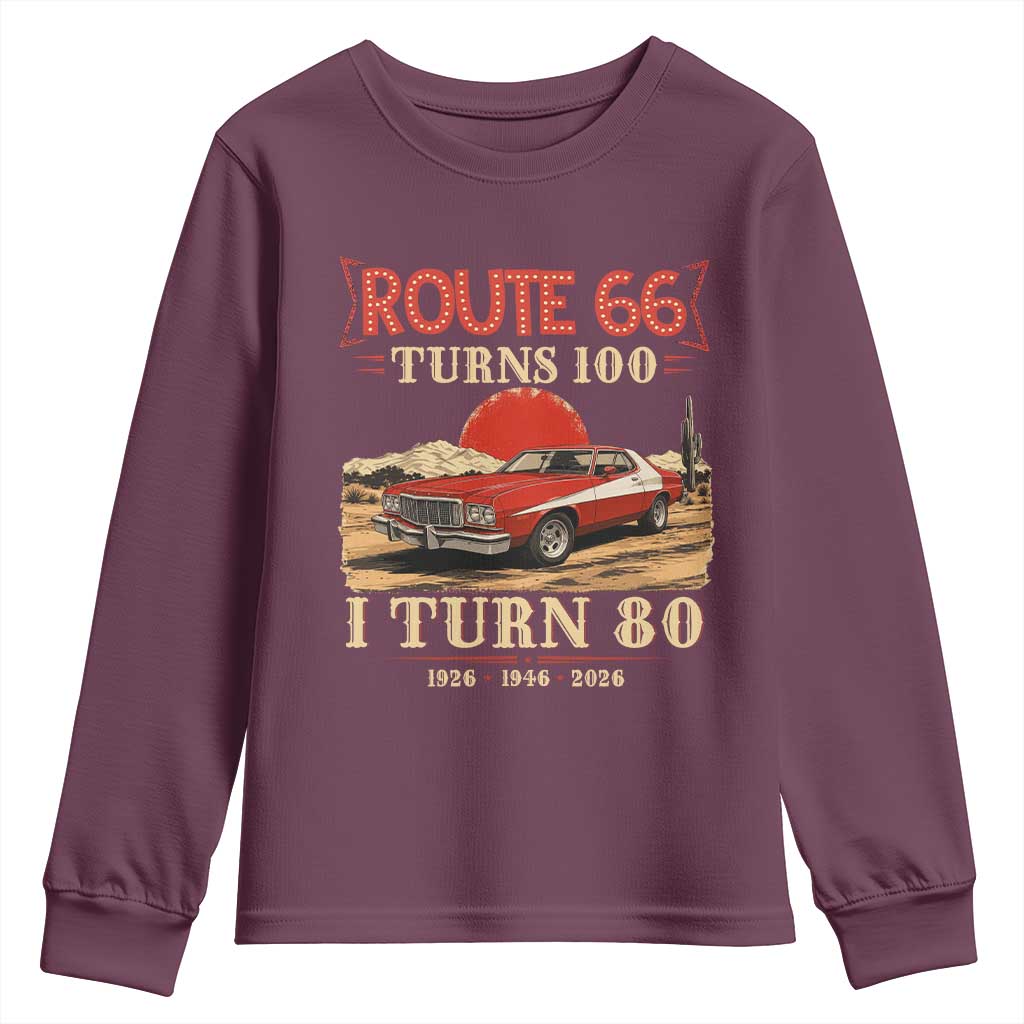 Route Highway 66 Turns 100 I Turn 80 Youth Sweatshirt Vintage 1946 Road Sign 80th Birthday Muscle Car Lover Gift