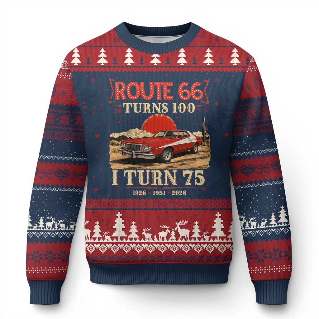 Route Highway 66 Turns 100 I Turn 75 Ugly Christmas Sweater Vintage 1951 Road Sign 75th Birthday Muscle Car Lover Gift