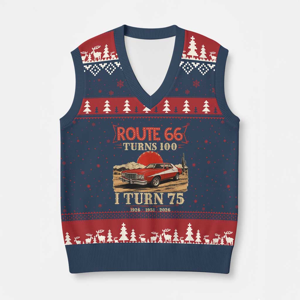Route Highway 66 Turns 100 I Turn 75 V-Neck Knit Sweater Vest Vintage 1951 Road Sign 75th Birthday Muscle Car Lover Gift