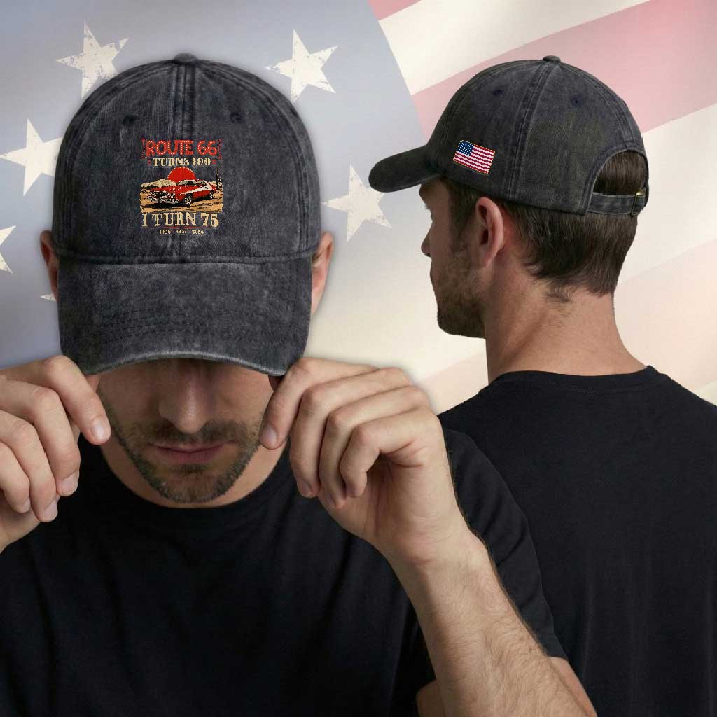 Route Highway 66 Turns 100 I Turn 75 Washed Cotton Baseball Cap Vintage 1951 Road Sign 75th Birthday Muscle Car Lover Gift