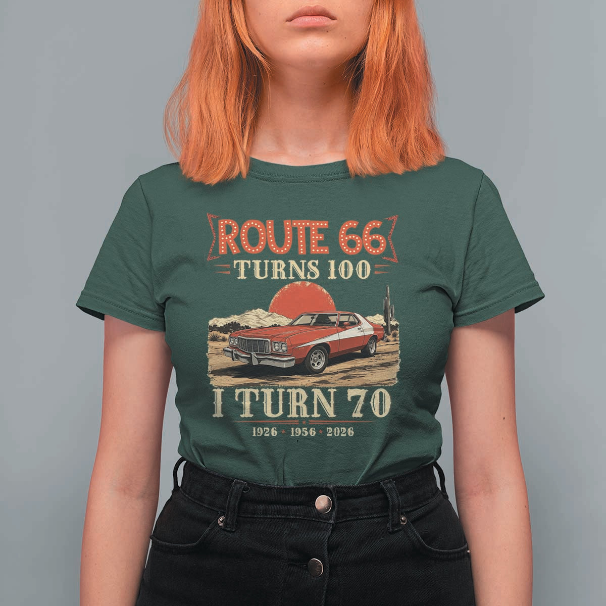 Route Highway 66 Turns 100 I Turn 70 T Shirt For Women Vintage 1956 Road Sign 70th Birthday Muscle Car Lover Gift