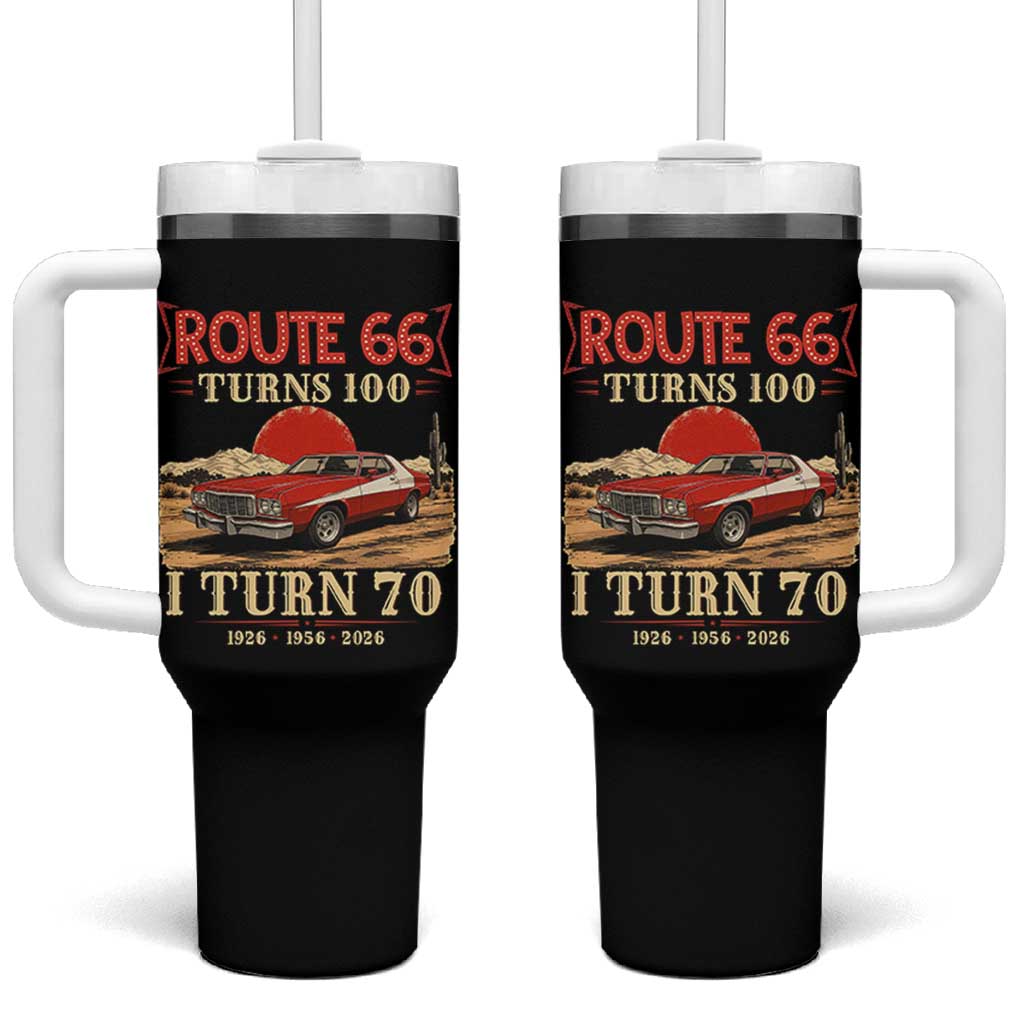 Route Highway 66 Turns 100 I Turn 70 Tumbler With Handle Vintage 1956 Road Sign 70th Birthday Muscle Car Lover Gift