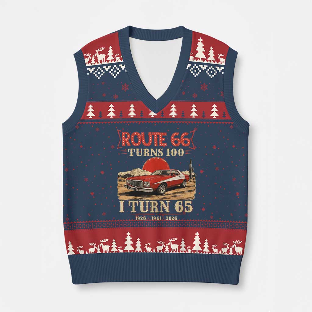 Route Highway 66 Turns 100 I Turn 65 V-Neck Knit Sweater Vest Vintage 1961 Road Sign 65th Birthday Muscle Car Lover Gift
