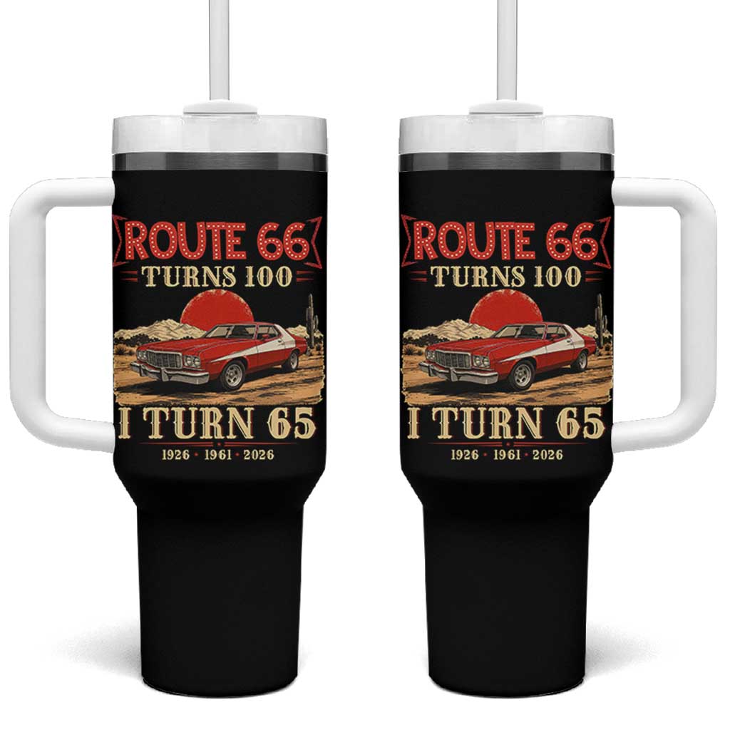 Route Highway 66 Turns 100 I Turn 65 Tumbler With Handle Vintage 1961 Road Sign 65th Birthday Muscle Car Lover Gift