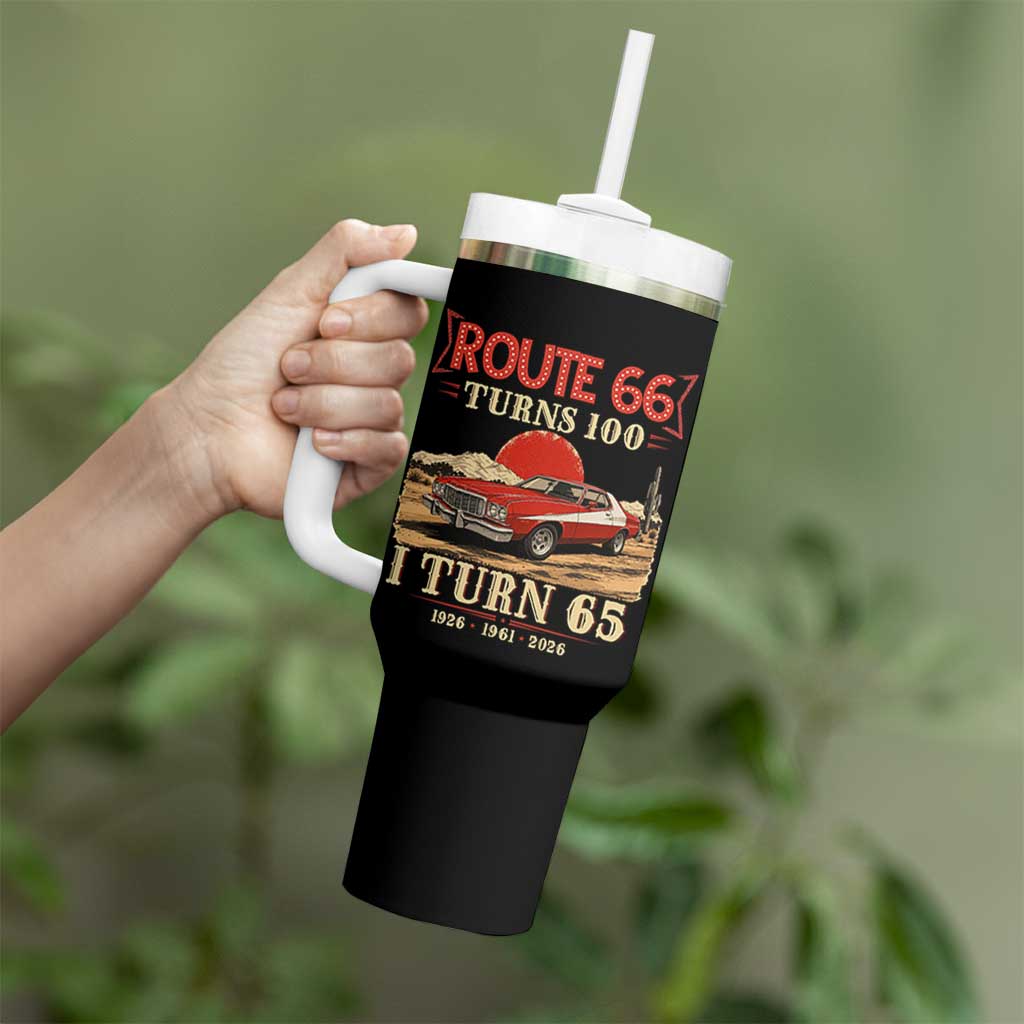 Route Highway 66 Turns 100 I Turn 65 Tumbler With Handle Vintage 1961 Road Sign 65th Birthday Muscle Car Lover Gift