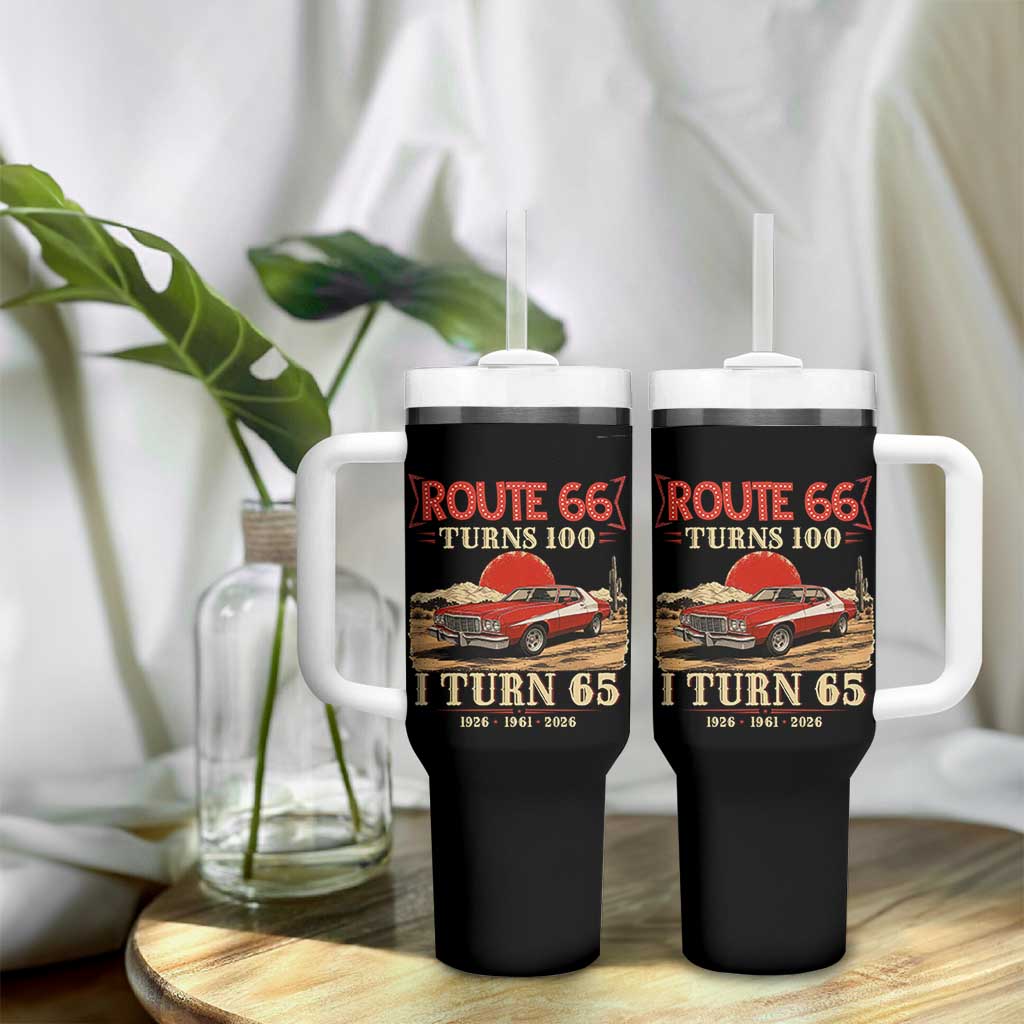 Route Highway 66 Turns 100 I Turn 65 Tumbler With Handle Vintage 1961 Road Sign 65th Birthday Muscle Car Lover Gift