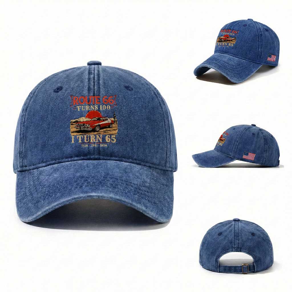 Route Highway 66 Turns 100 I Turn 65 Washed Cotton Baseball Cap Vintage 1961 Road Sign 65th Birthday Muscle Car Lover Gift