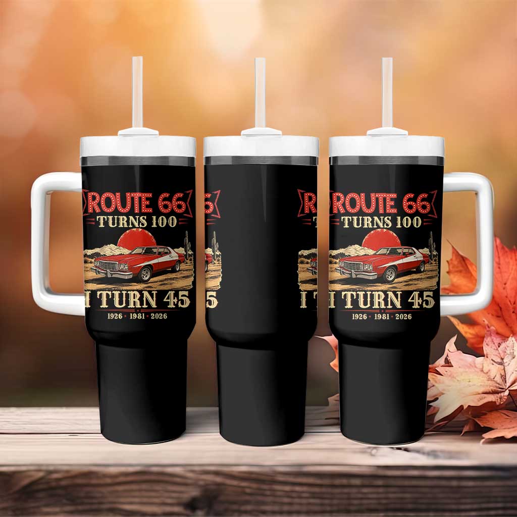 Route Highway 66 Turns 100 I Turn 45 Tumbler With Handle Vintage 1981 Road Sign 45th Birthday Muscle Car Lover Gift