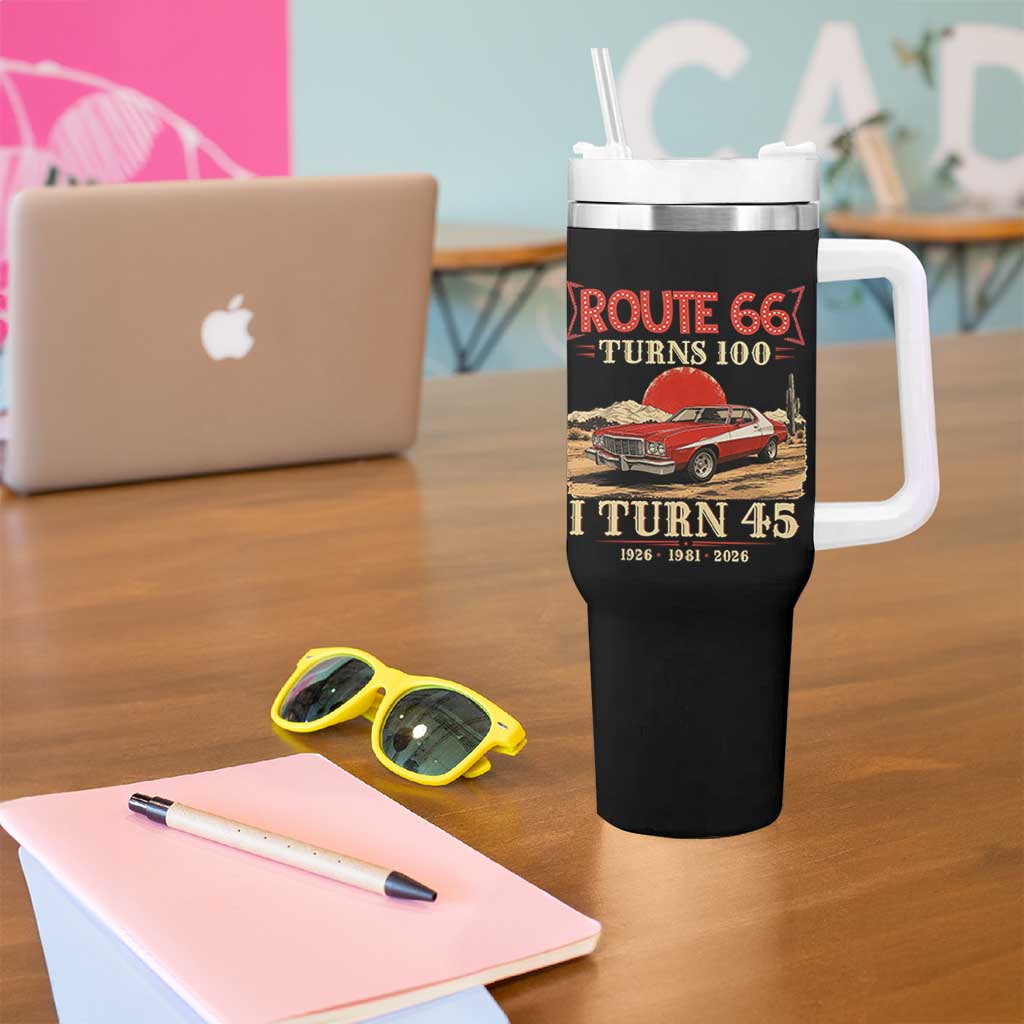 Route Highway 66 Turns 100 I Turn 45 Tumbler With Handle Vintage 1981 Road Sign 45th Birthday Muscle Car Lover Gift