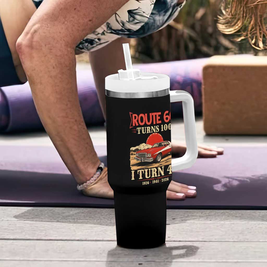 Route Highway 66 Turns 100 I Turn 45 Tumbler With Handle Vintage 1981 Road Sign 45th Birthday Muscle Car Lover Gift
