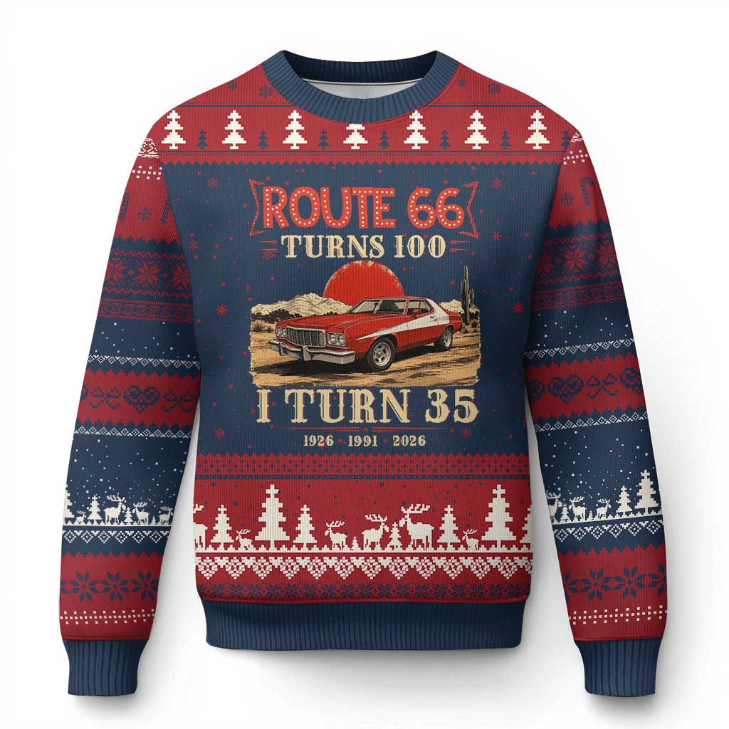Route Highway 66 Turns 100 I Turn 35 Ugly Christmas Sweater Vintage 1991 Road Sign 35th Birthday Muscle Car Lover Gift