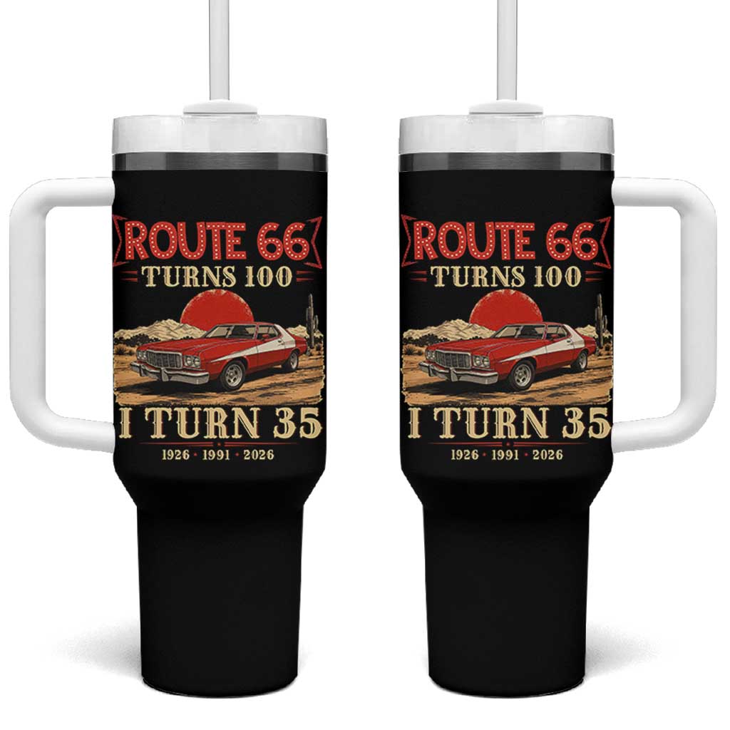 Route Highway 66 Turns 100 I Turn 35 Tumbler With Handle Vintage 1991 Road Sign 35th Birthday Muscle Car Lover Gift