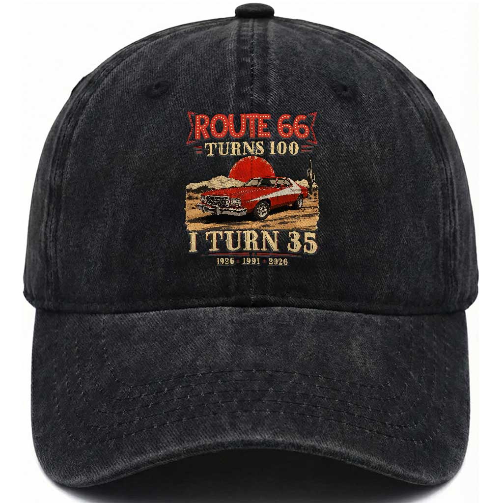 Route Highway 66 Turns 100 I Turn 35 Washed Cotton Baseball Cap Vintage 1991 Road Sign 35th Birthday Muscle Car Lover Gift