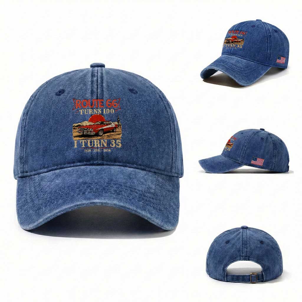 Route Highway 66 Turns 100 I Turn 35 Washed Cotton Baseball Cap Vintage 1991 Road Sign 35th Birthday Muscle Car Lover Gift