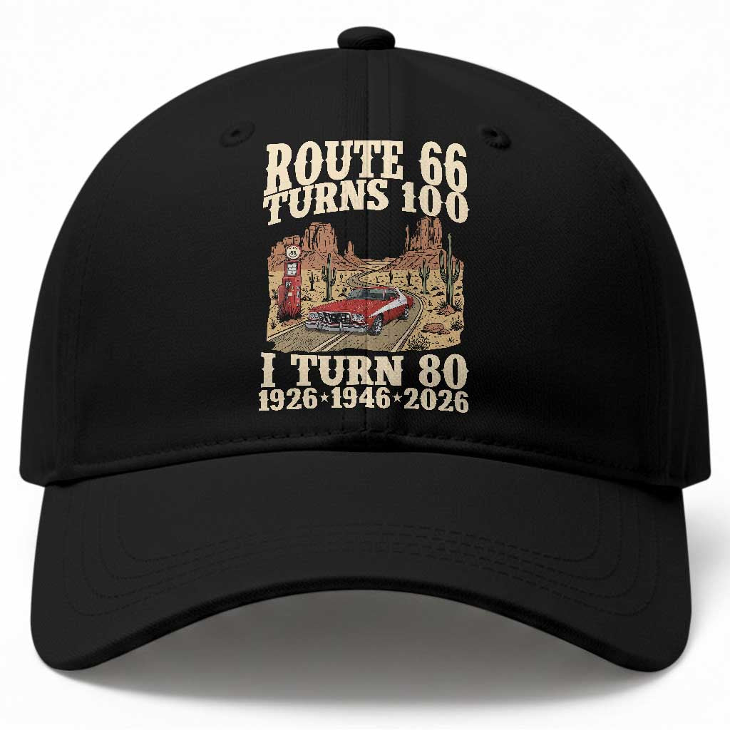Route Highway 66 Turns 100 I Turn 80 Baseball Cap Vintage 1946 Road Sign American Muscle Car Lover 80th Birthday Gift