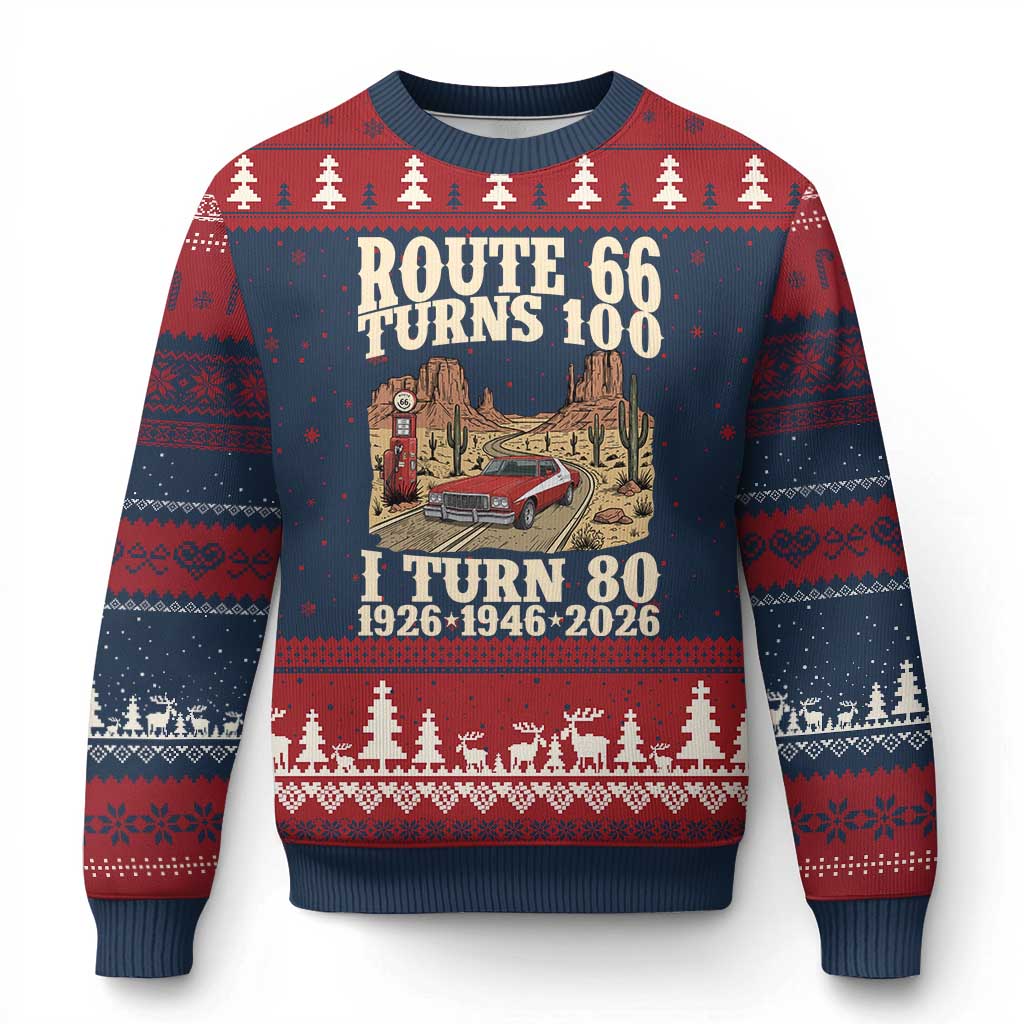 Route Highway 66 Turns 100 I Turn 80 Ugly Christmas Sweater Vintage 1946 Road Sign American Muscle Car Lover 80th Birthday Gift