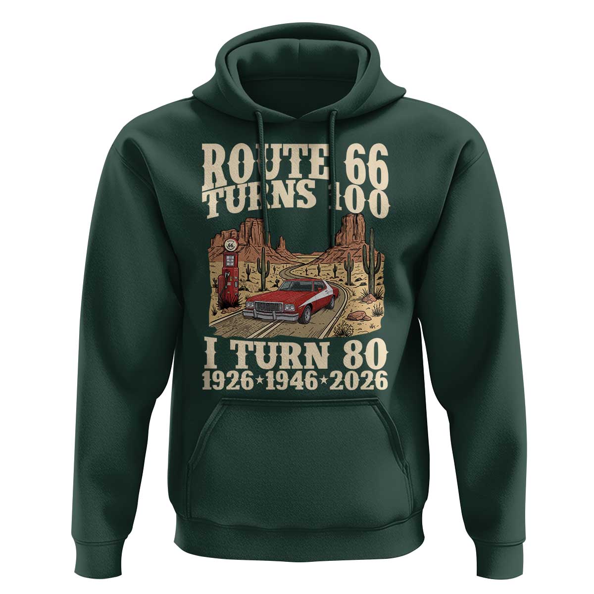 Route Highway 66 Turns 100 I Turn 80 Hoodie Vintage 1946 Road Sign American Muscle Car Lover 80th Birthday Gift