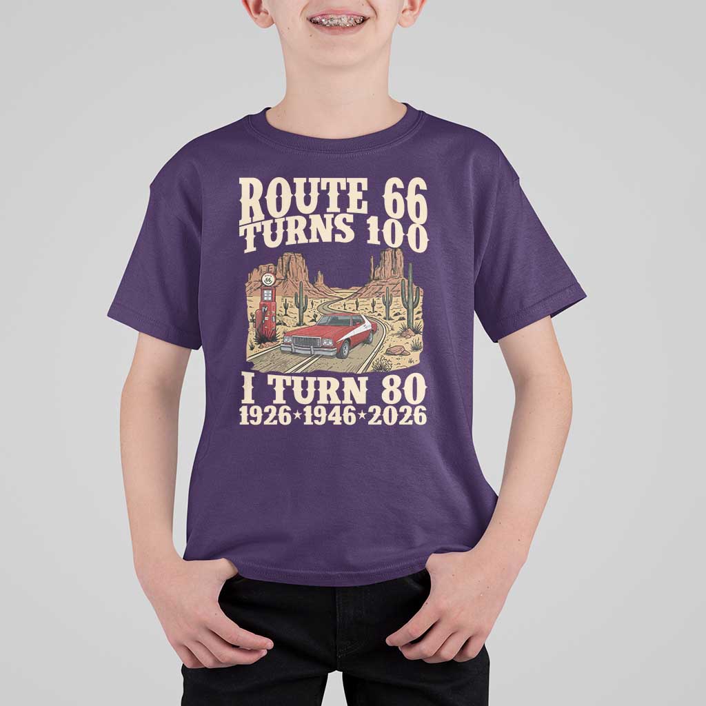 Route Highway 66 Turns 100 I Turn 80 T Shirt For Kid Vintage 1946 Road Sign American Muscle Car Lover 80th Birthday Gift