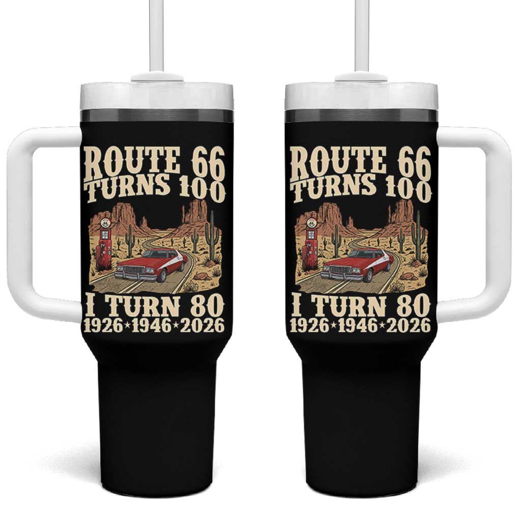 Route Highway 66 Turns 100 I Turn 80 Tumbler With Handle Vintage 1946 Road Sign American Muscle Car Lover 80th Birthday Gift