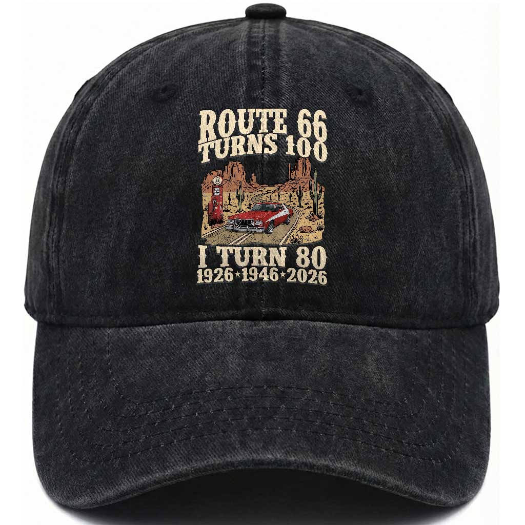 Route Highway 66 Turns 100 I Turn 80 Washed Cotton Baseball Cap Vintage 1946 Road Sign American Muscle Car Lover 80th Birthday Gift