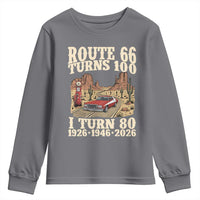 Route Highway 66 Turns 100 I Turn 80 Youth Sweatshirt Vintage 1946 Road Sign American Muscle Car Lover 80th Birthday Gift