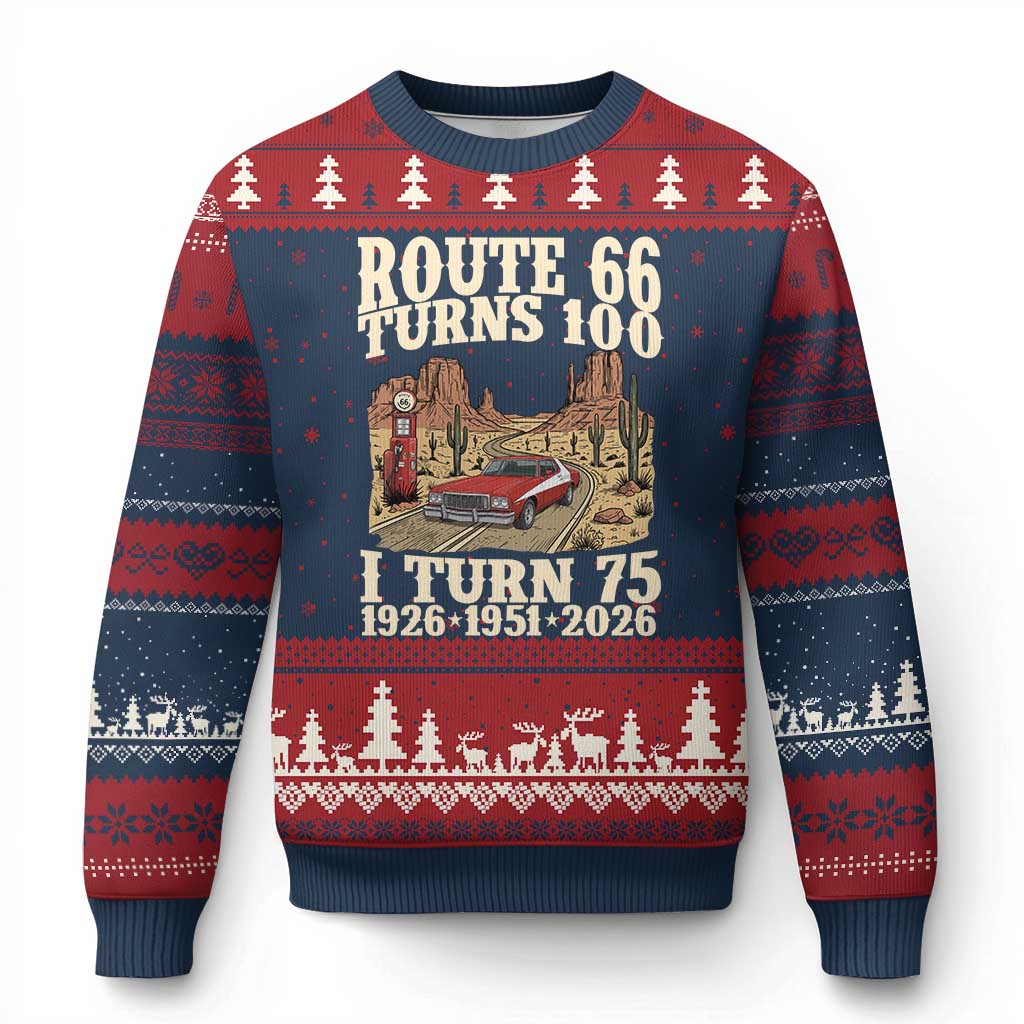 Route Highway 66 Turns 100 I Turn 75 Ugly Christmas Sweater Vintage 1951 Road Sign American Muscle Car Lover 75th Birthday Gift
