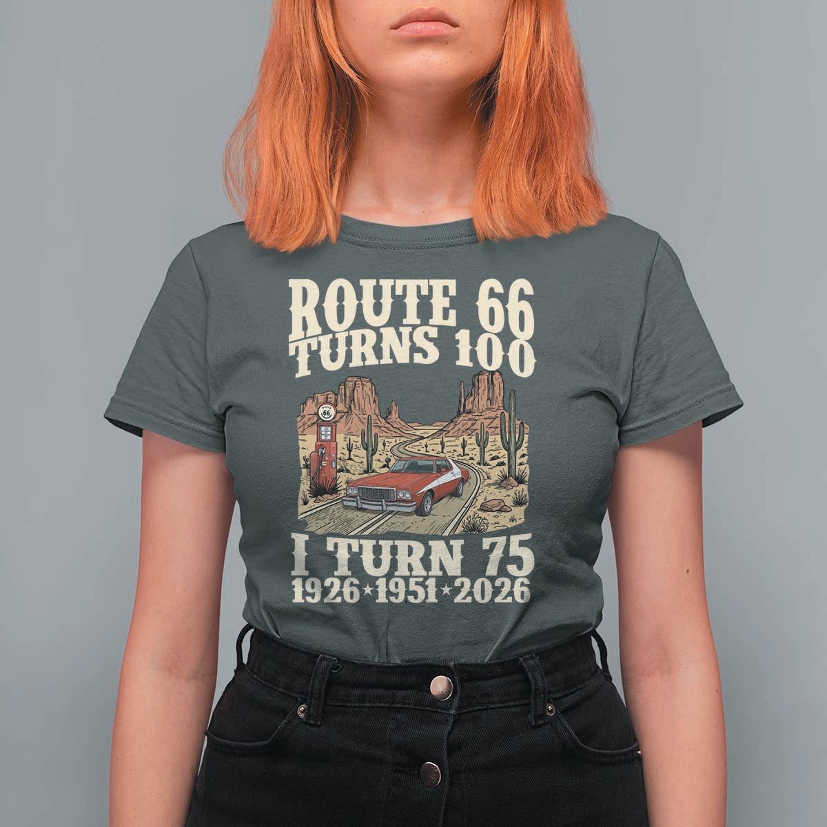Route Highway 66 Turns 100 I Turn 75 T Shirt For Women Vintage 1951 Road Sign American Muscle Car Lover 75th Birthday Gift