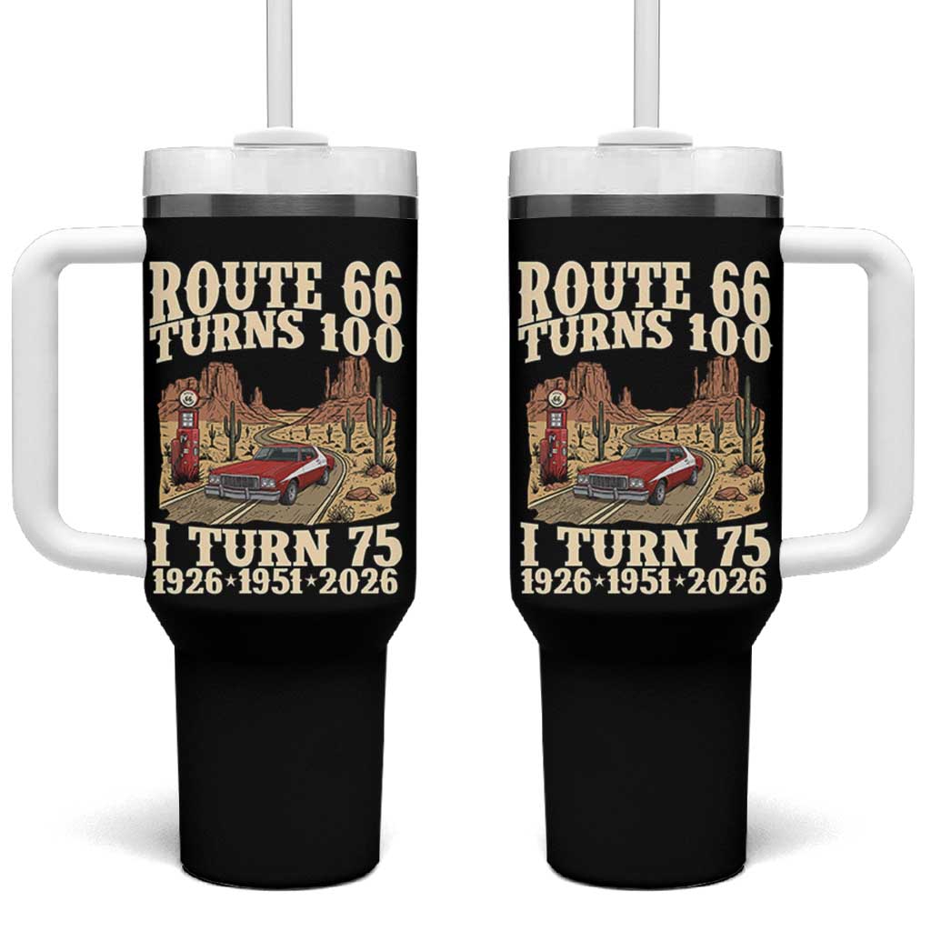 Route Highway 66 Turns 100 I Turn 75 Tumbler With Handle Vintage 1951 Road Sign American Muscle Car Lover 75th Birthday Gift
