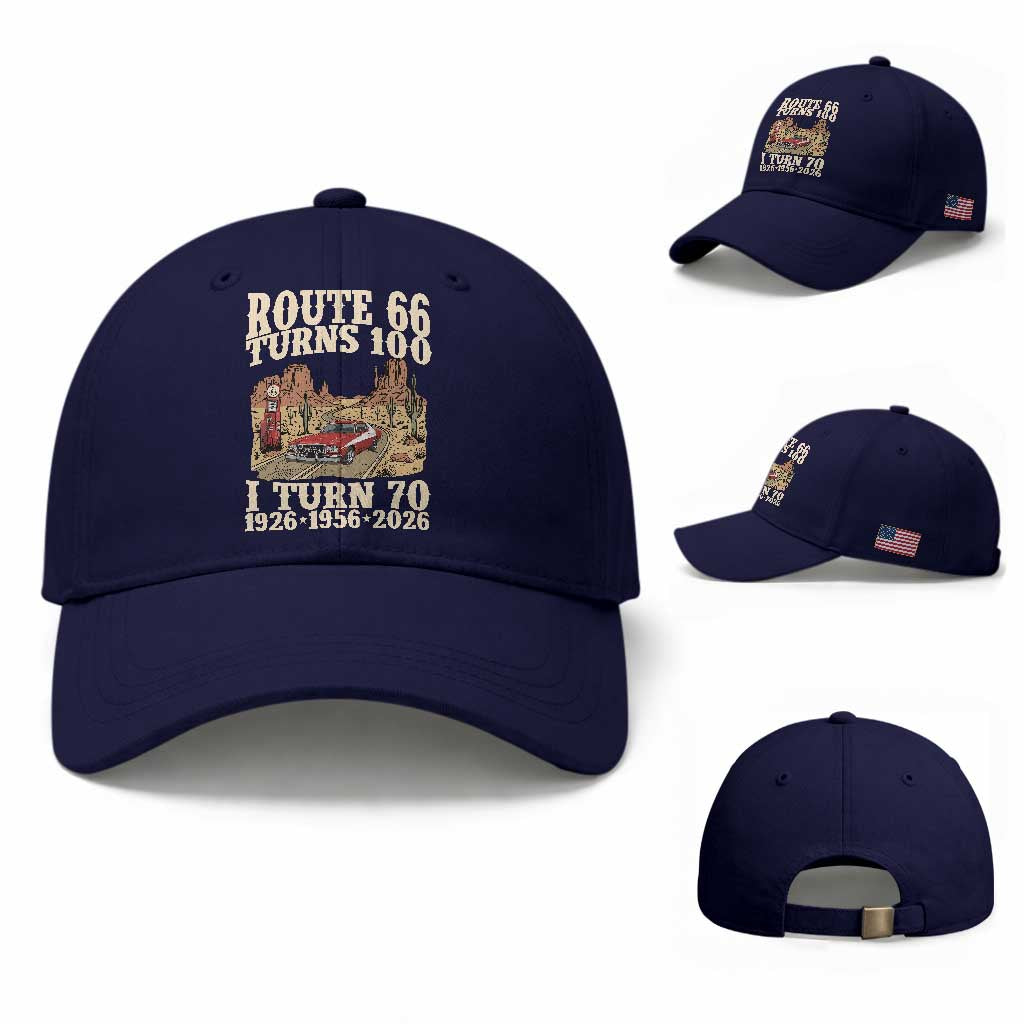 Route Highway 66 Turns 100 I Turn 70 Baseball Cap Vintage 1956 Road Sign American Muscle Car Lover 70th Birthday Gift