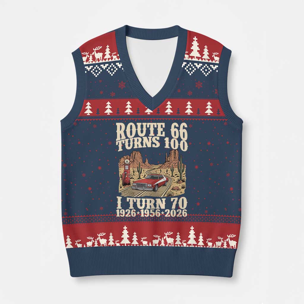 Route Highway 66 Turns 100 I Turn 70 V-Neck Knit Sweater Vest Vintage 1956 Road Sign American Muscle Car Lover 70th Birthday Gift