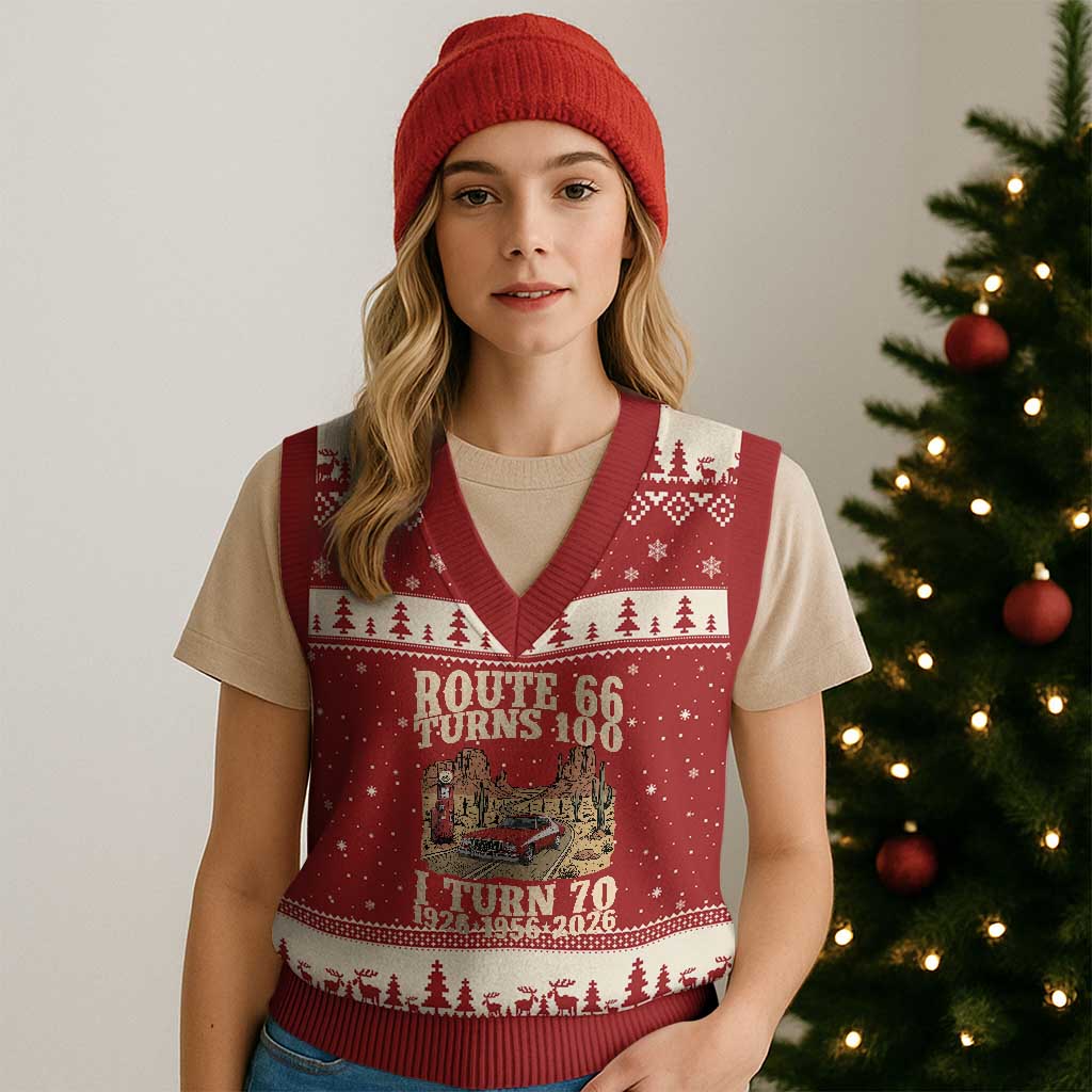 Route Highway 66 Turns 100 I Turn 70 V-Neck Knit Sweater Vest Vintage 1956 Road Sign American Muscle Car Lover 70th Birthday Gift