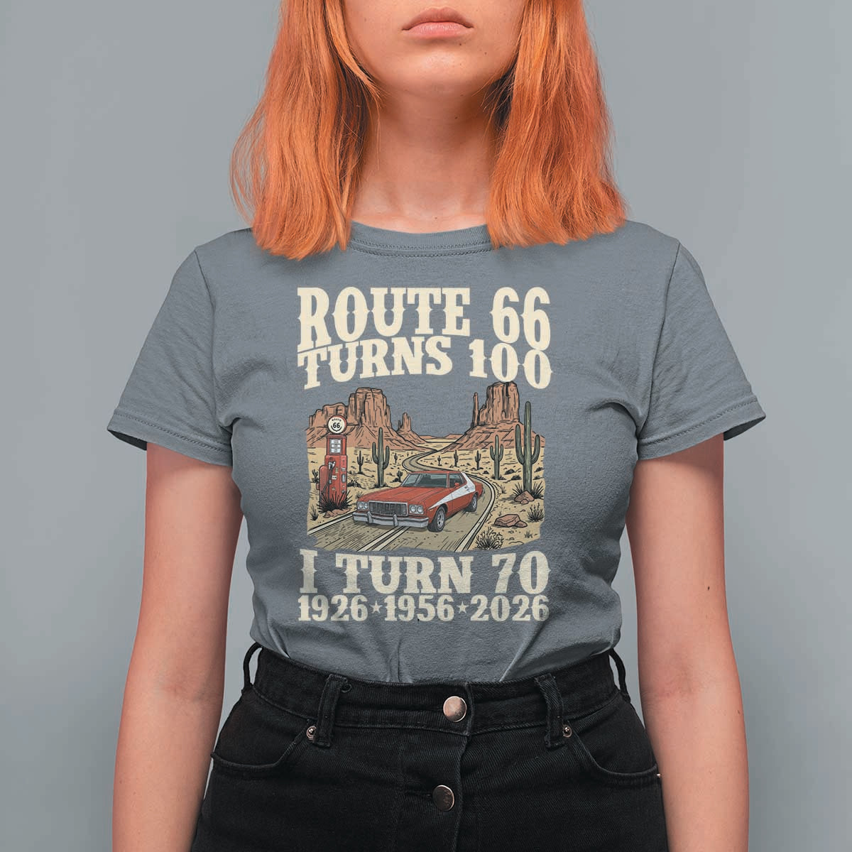 Route Highway 66 Turns 100 I Turn 70 T Shirt For Women Vintage 1956 Road Sign American Muscle Car Lover 70th Birthday Gift