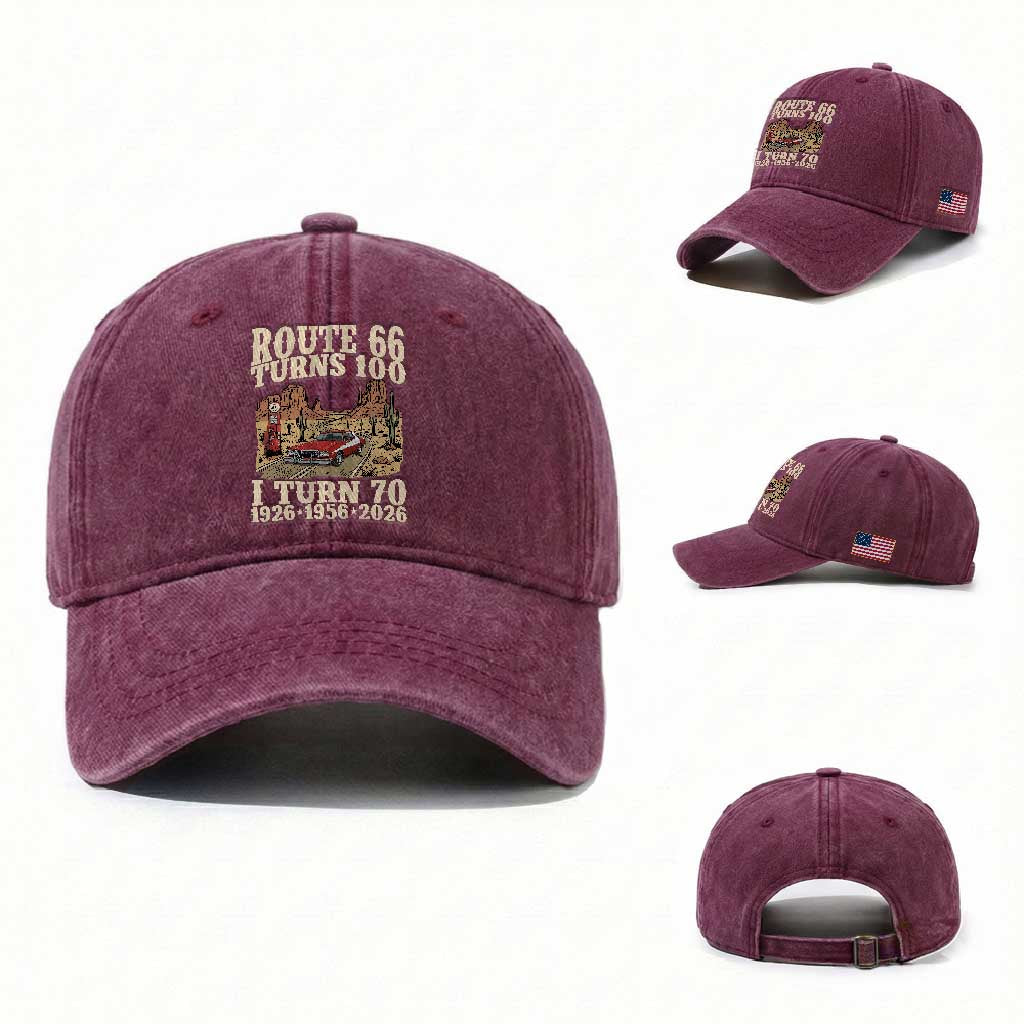 Route Highway 66 Turns 100 I Turn 70 Washed Cotton Baseball Cap Vintage 1956 Road Sign American Muscle Car Lover 70th Birthday Gift