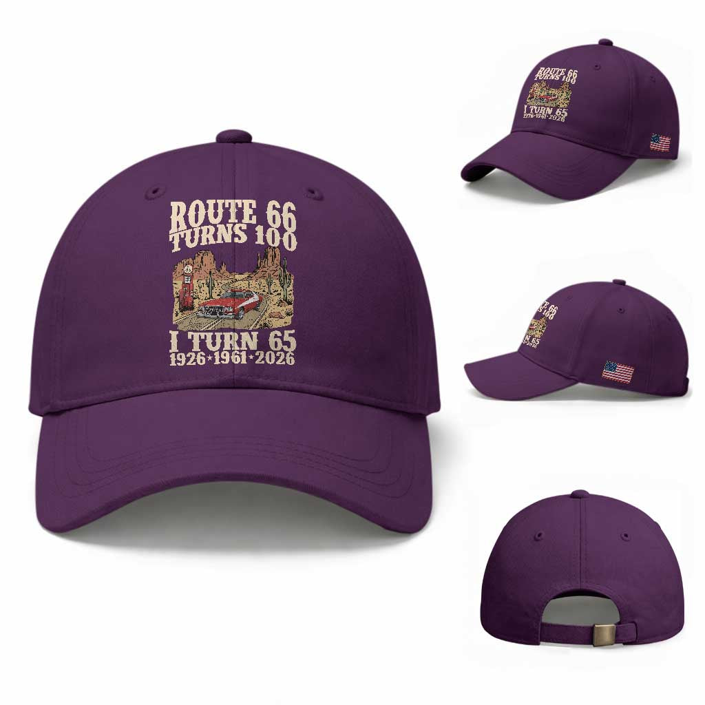 Route Highway 66 Turns 100 I Turn 65 Baseball Cap Vintage 1961 Road Sign American Muscle Car Lover 65th Birthday Gift