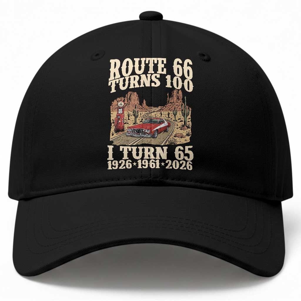 Route Highway 66 Turns 100 I Turn 65 Baseball Cap Vintage 1961 Road Sign American Muscle Car Lover 65th Birthday Gift