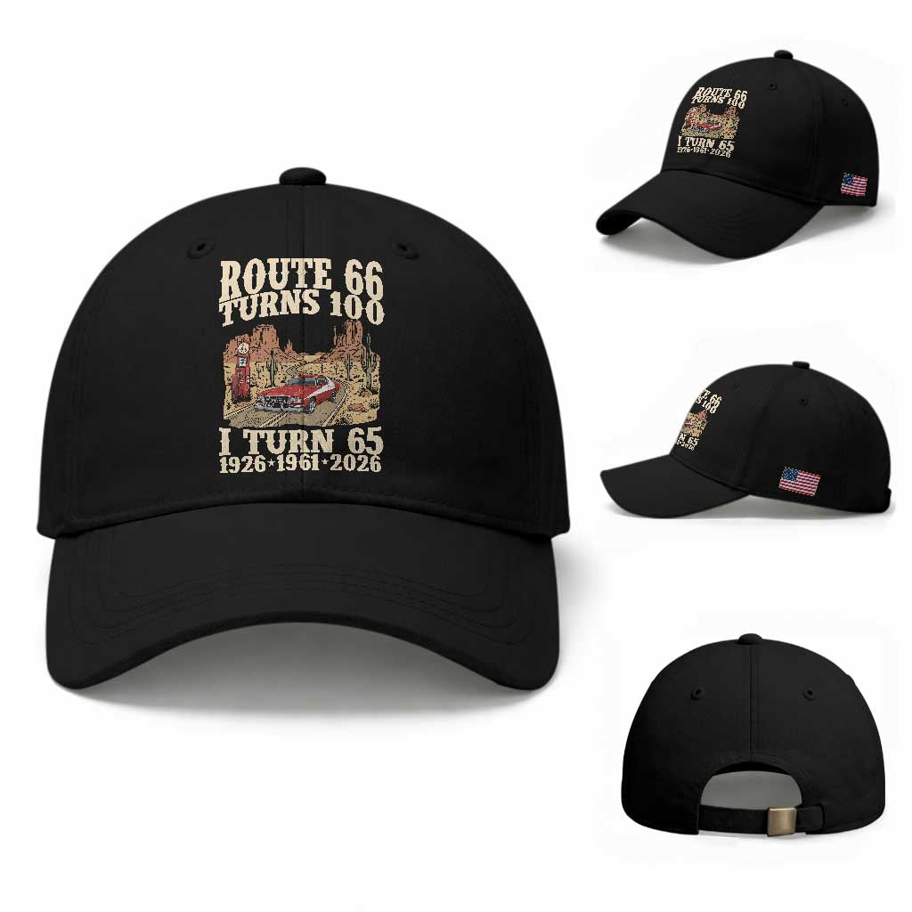 Route Highway 66 Turns 100 I Turn 65 Baseball Cap Vintage 1961 Road Sign American Muscle Car Lover 65th Birthday Gift