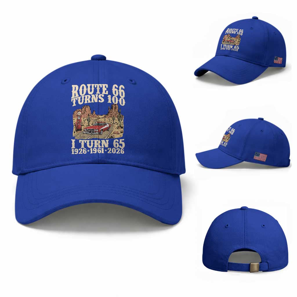 Route Highway 66 Turns 100 I Turn 65 Baseball Cap Vintage 1961 Road Sign American Muscle Car Lover 65th Birthday Gift