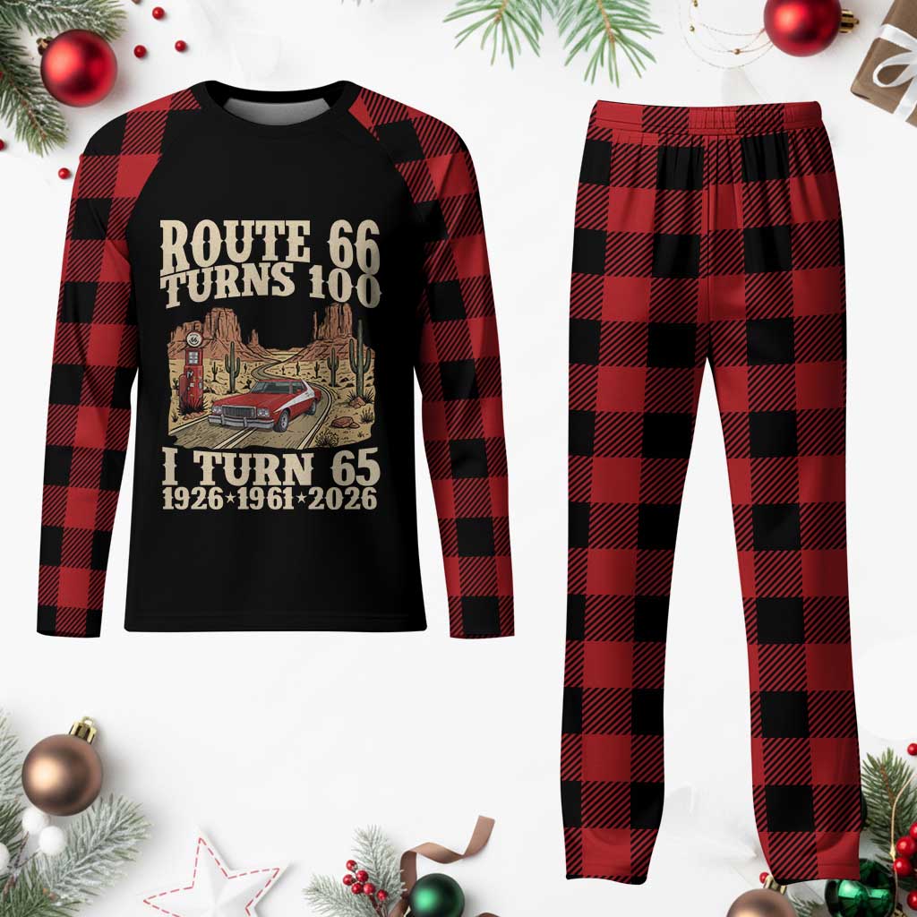 Route Highway 66 Turns 100 I Turn 65 Plaid Pajama Set Vintage 1961 Road Sign American Muscle Car Lover 65th Birthday Gift