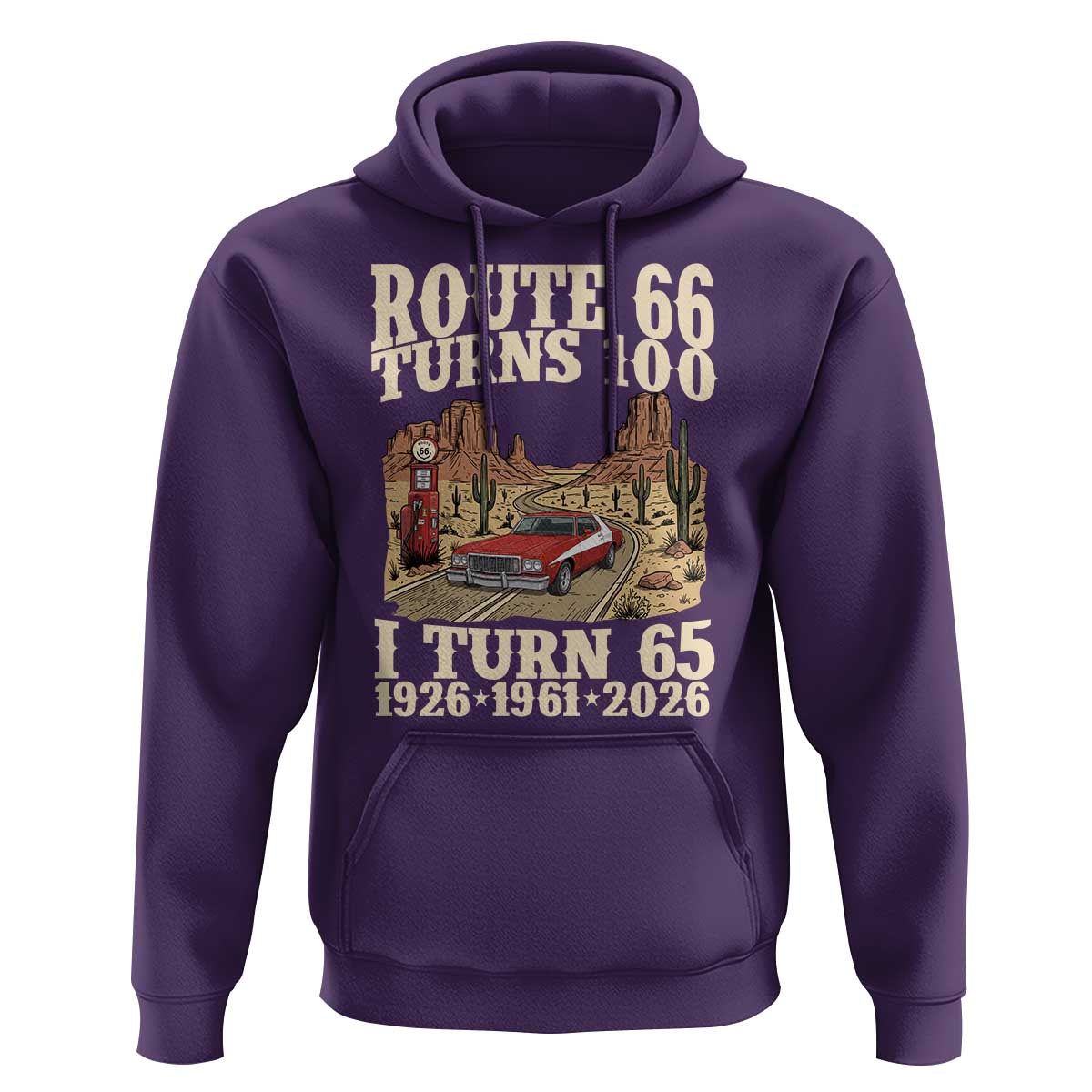 Route Highway 66 Turns 100 I Turn 65 Hoodie Vintage 1961 Road Sign American Muscle Car Lover 65th Birthday Gift