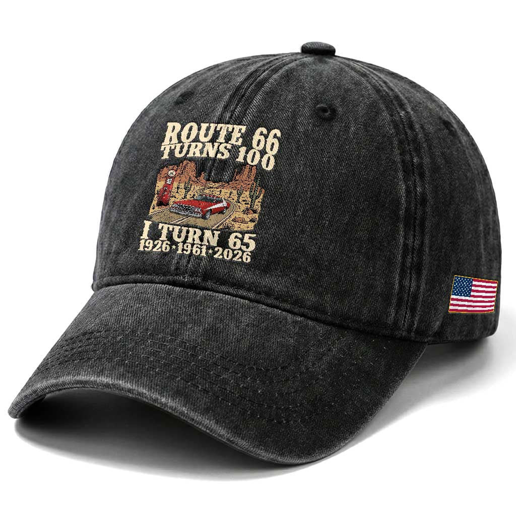 Route Highway 66 Turns 100 I Turn 65 Washed Cotton Baseball Cap Vintage 1961 Road Sign American Muscle Car Lover 65th Birthday Gift